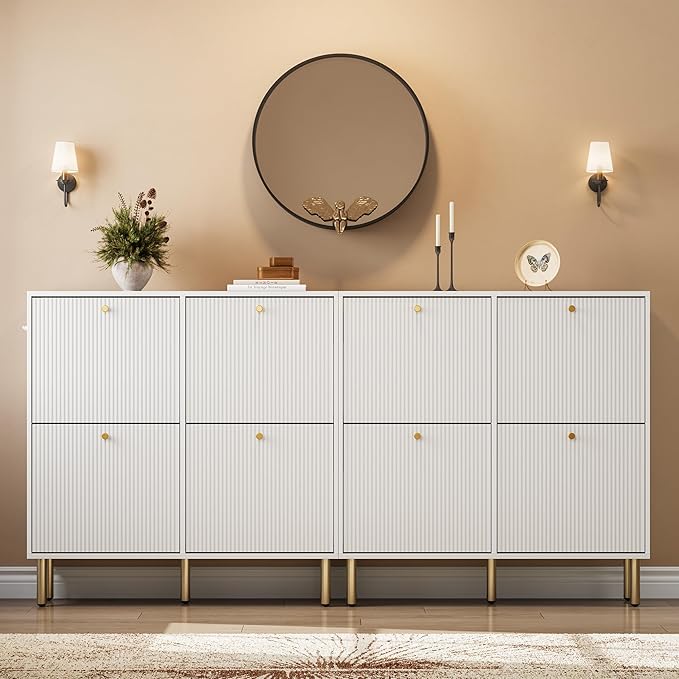 Nicetree Shoe Storage Cabinet for Entryway - 4 Flip Drawers Shoe Cabinet with Tiered Fluted Design - Slim Shoe Storage Rack with Gold Legs - Narrow Shoe Cabinet Hidden Shoe Organizer for Small Spaces