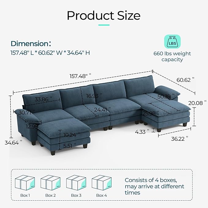LINSY HOME 157" Modular U-Shaped Sectional Sofa, 4-Seat Corduroy Modern Cloud Couch with Deep Seat & 2 Movable Ottoman, Perfect for Living Room, Office, Bedroom, Blue