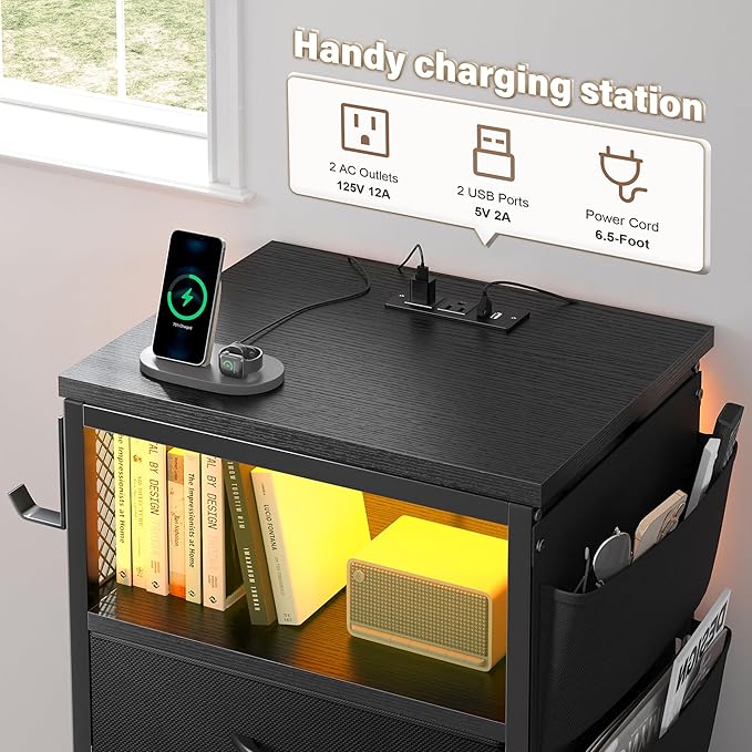 EnHomee Nightstands Set of 2 with 5 Drawers, Black Dresser with Charging Station and LED Light, Tall Nightstand with Extra Side Bag & Hooks, Bedroom, Closet, Hallway, Entryway, Black
