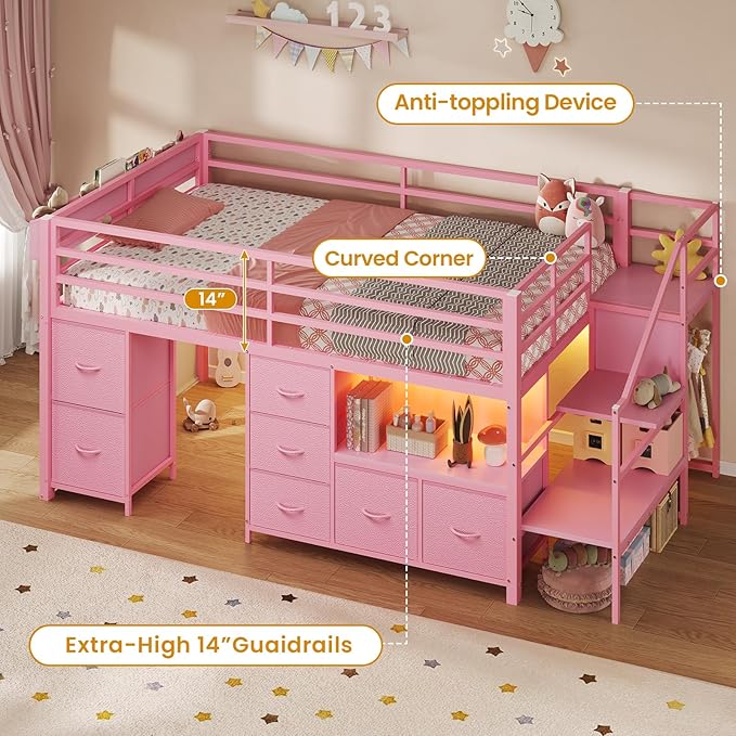 ADORNEVE Low Loft Bed Twin Size with Stairs,7 Drawers, Bookcase and LED Lights, Metal Kids Loft Bed with 14" H Safety Guardrail,Inclined Ladder and Play Curtain, Under-Bed Play Space, Pink