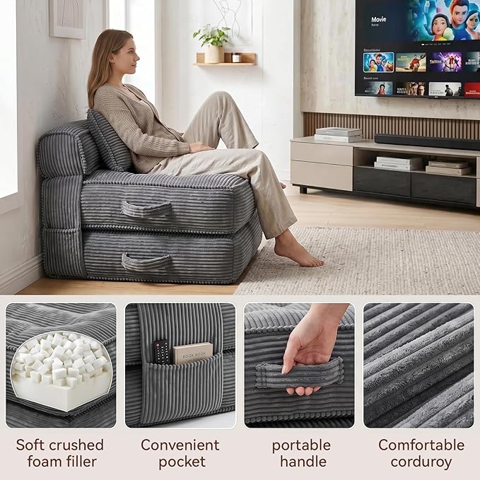 Folding Sofa Bed, Convertible Sleeper Chair with Pillow Foldable Mattress with Back Support, Portable Fold Out Chair Bed Comfy Floor Couch Lounge for Living Room Bedroom Apartment Single