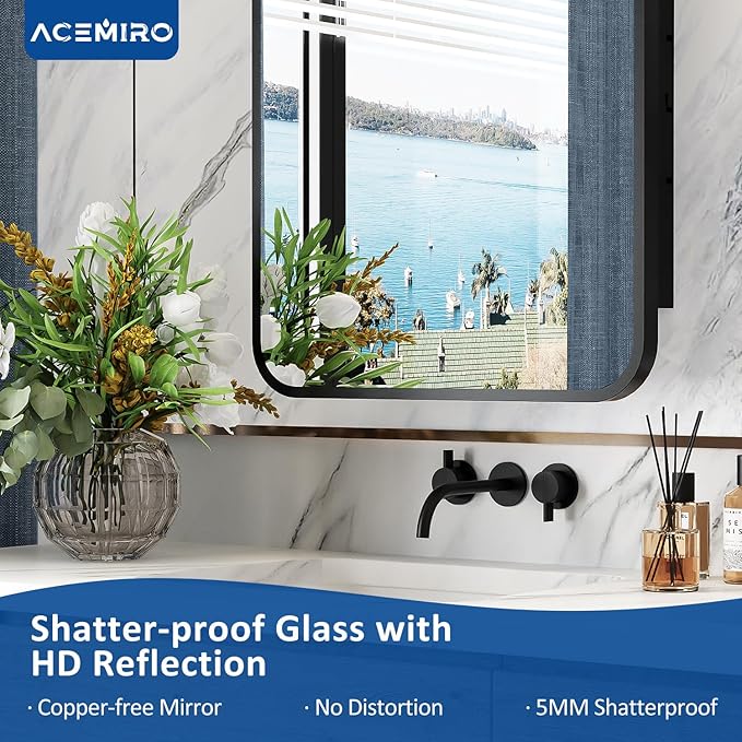 ACEMIRO 16x24 Inch Black Mirror Medicine Cabinet Metal Framed Recessed Wall Mounted Bathroom Medicine Cabinet with Mirror and Storage