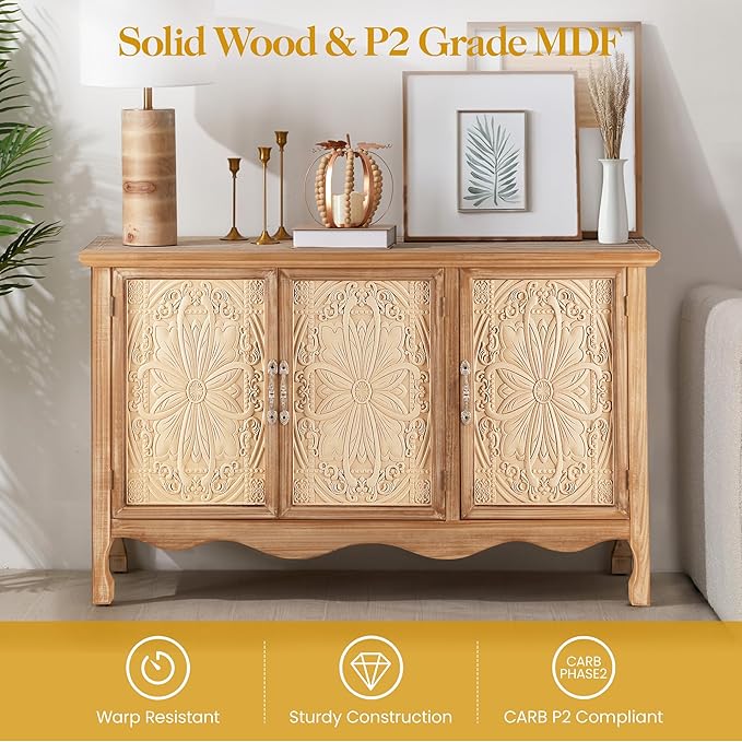 RoyalCraft Farmhouse Sideboard Buffet Cabinet with Storage, 49" Solid Wood Credenza Buffet Table Coffee Bar Wine Bar Storage Cabinet with 3 Doors for Dining Room Living Room Hallway, (Provence Grain)