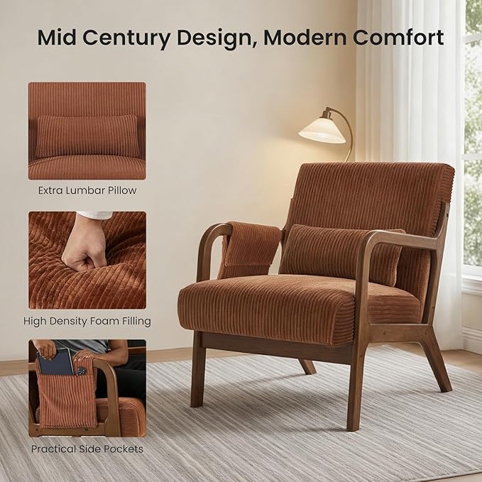 DUMOS Accent Chairs Set of 2, Mid Century Modern Accent Chair with Lumbar Pillow and Solid Wood Frame, Upholstered Armchair Reading Chair for Living Room, Bedroom, Orange