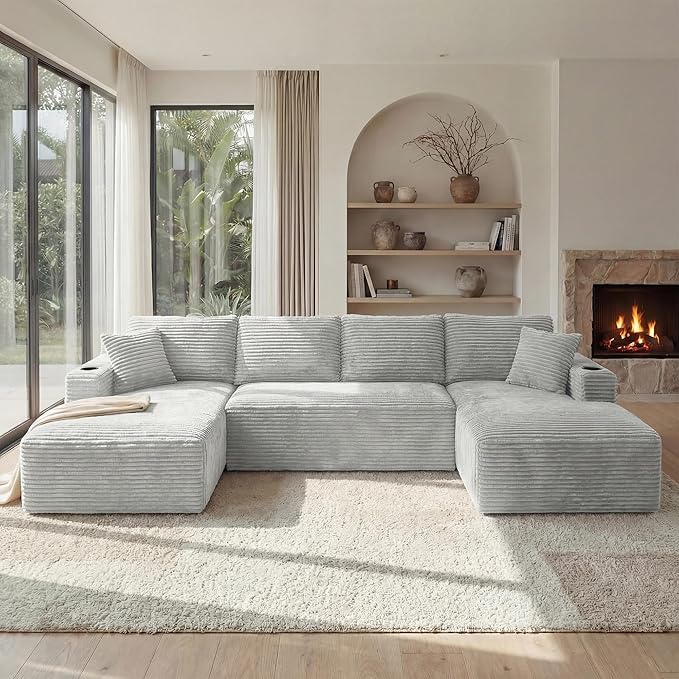 125 Inch Modular Sectional Sofa, Cloud Couch Oversized U Shaped Corduroy Sofa with Storage & Cupholders, Modern Deep Seat Boneless Couches for Living Room, No Assembly Required, Light Grey