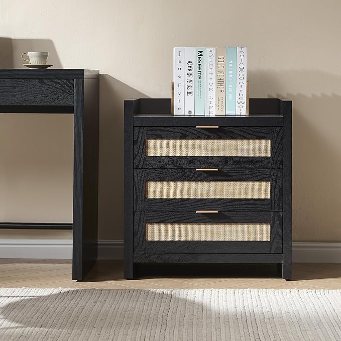 SICOTAS Rattan Nightstand Bedside Table - Larger Night Stand with Type-C Charging Station, 3 Drawers Storage - Boho Night Stands End Table for Bedroom - Black Oak