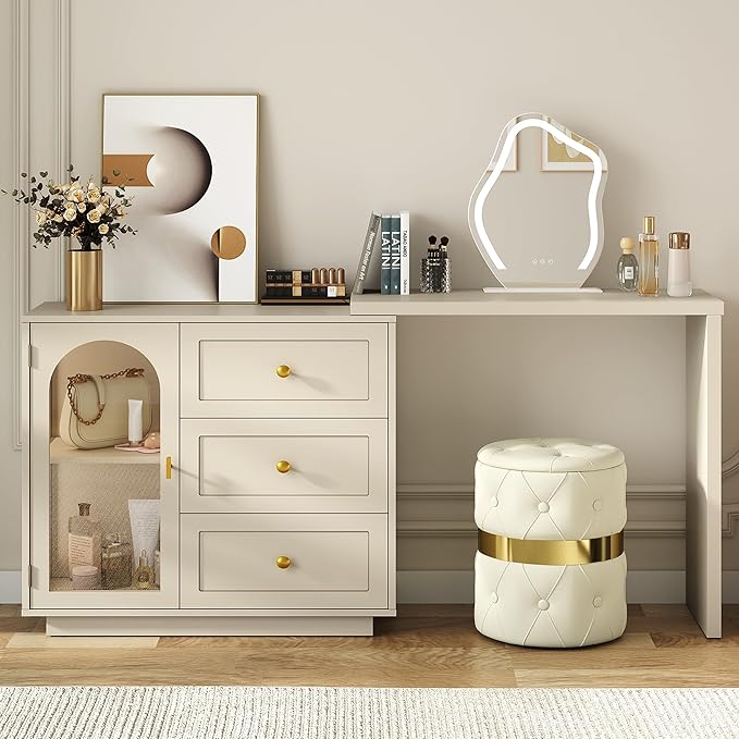 RoyalCraft 59” Large Makeup Vanity Desk, Beige L Shaped Corner Vanity Table with 3 Drawer & 1 Door, Modern Extendable Dressing Table, Vanity Dresser Combo for Bedroom, Dressing Room (Without Mirror)