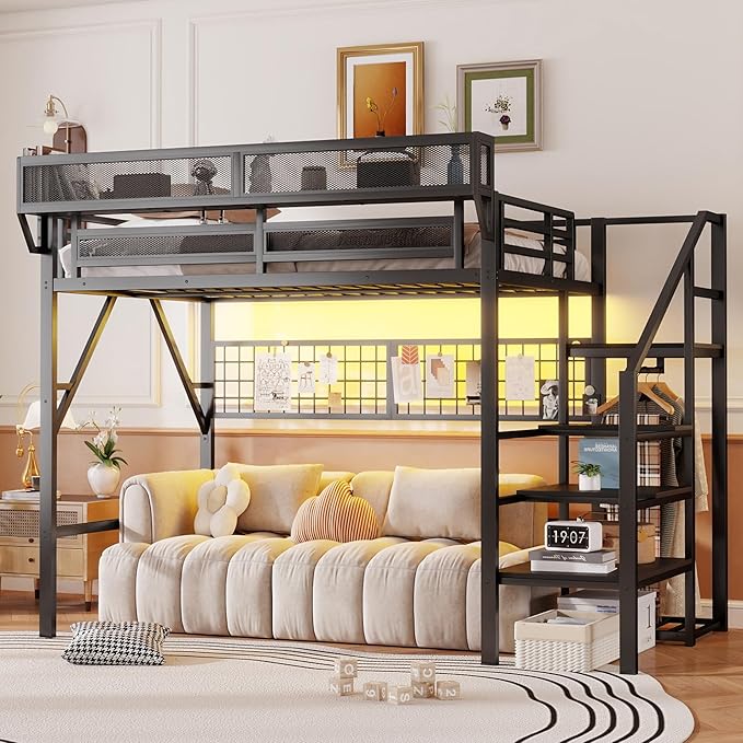 KEIKI Full Size Metal Loft Bed Frame with Grid & Staircase & Built-in Storage Shelves & Wardrobe, Modern Loft Bed with Solid Slat & Guardrail, No Box Spring Required, Easy Assembly, for Bedroom, Black