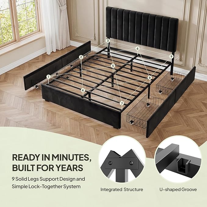 Welzona Velvet Bed Frame Queen Size with 4 Storage Drawer, Fully Upholstered Metal Platform Bed Frame with Vertical Channel Tufted Headboard, 3 Level Height, Easy Assembly, No Box Spring Needed, Black