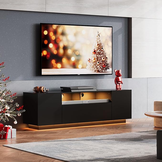 WLIVE LED TV Stand for 55/60/65 Inch TVs, Modern Entertainment Center with Storage Cabinets and Drawer, Gaming Media TV Console with RGB Lights for Living Room, Black