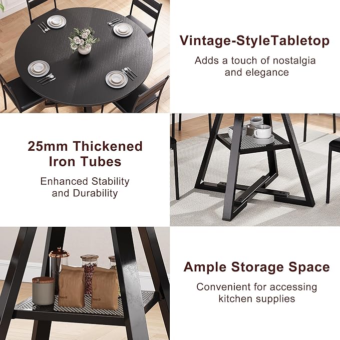 Jocoevol Round Dining Table for 4,Kitchen Dining Room Circle Dinner Pedestal Table,Space Saving Wood Kitchen & Dining Room Furniture (Black, 47In)