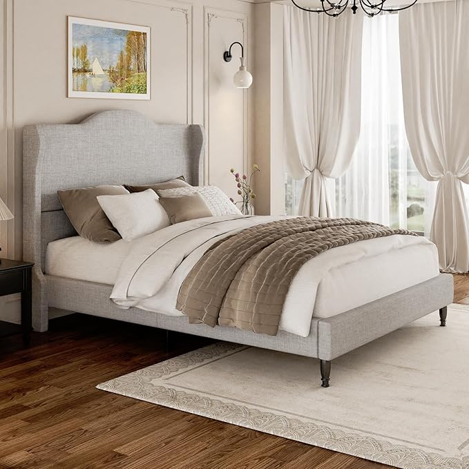 Full Bed Frame with Headboard, Upholstered Platform Bed with Tall Wingback Headboard, Sturdy Wood Slats Support, Easy Assembly, No Box Spring Needed, Modern Style for Bedroom, Beige