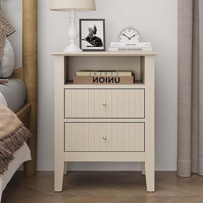 RoyalCraft Beige Fluted Nightstand with 2 Drawers, Colorful Nightstand for Bedroom, Modern Wooden End Table with Storage for Small Spaces, Tall Side Sofa Table for Couch, Home Office