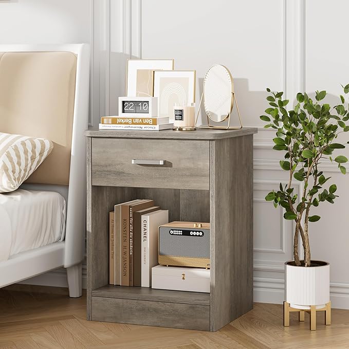 FOTOSOK Nightstand Set of 2, 2-Tier Side Table with Drawer and Storage Shelf, Bedside Table End Table, Modern Night Stand for Bedroom, Home Office,Vintage Grey