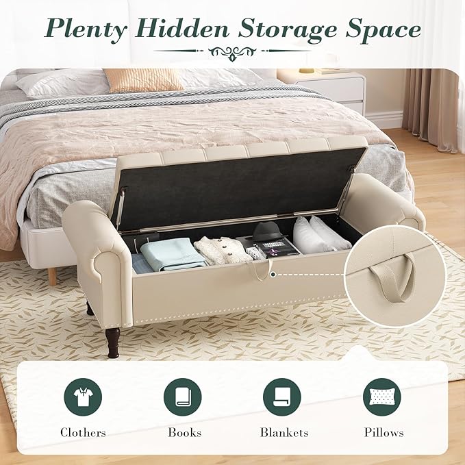 Apicizon 51” Bench with Storage, Faux Leather Ottoman Bench with Rolled Arm & Vintage Rivets, End of Bed Bench for Bedroom, Living Room, Entryway, Beige+Brown Legs
