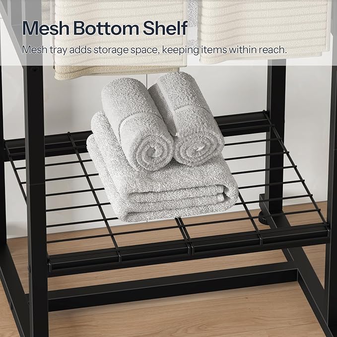 HOOBRO 4-Tier Freestanding Towel Rack, 28.3" L x 15.7" W x 41.3" H, Pool Towel Rack Outdoor, Metal Bathroom Storage Organizer with Bottom Shelf, Standing Blanket Rack, Industrial Style, Black BK16LB01