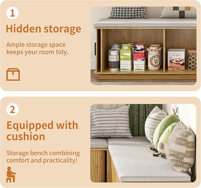 L-Shape Storage Bench with Cushion, Wood Corner Dining Bench, Kitchen Breakfast Nook Bench with Hidden Storage for Dining Room, Kitchen, Entryway, Cloakroom