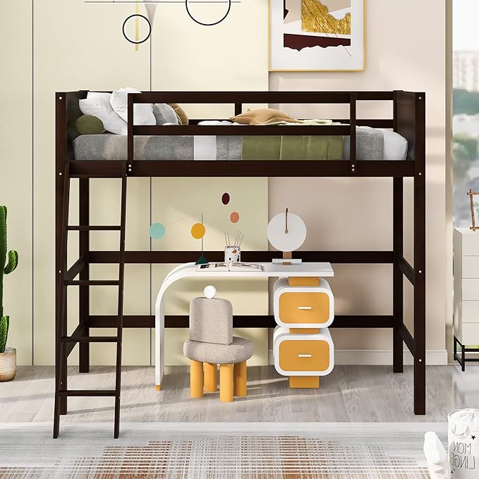 Merax Twin Modern Kids Wood Loft Bed with Gardrail and Ladders Loft Bunk Bed for Juniors, No Box Spring Needed, Espresso