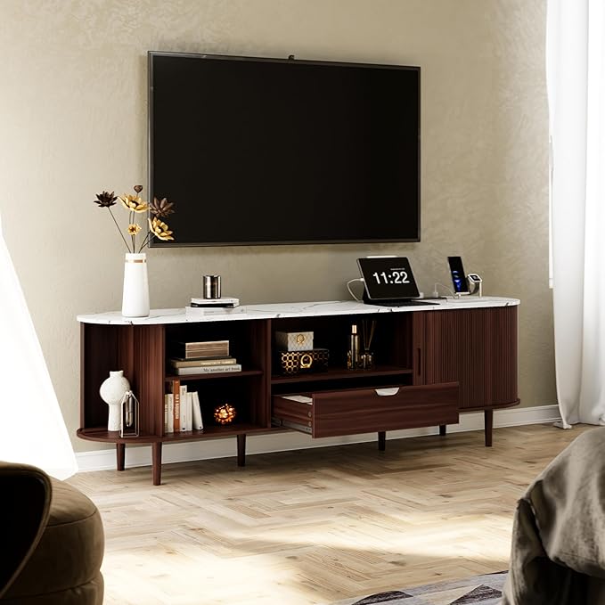 DHH 71" Fluted TV Stand with Power Outlet for TVs up to 80", TV Console with Adjustable Shelves and Sliding Door,Mid Century Modern Entertainment Center for Living Room,Bedroom (Walnut+Marble)