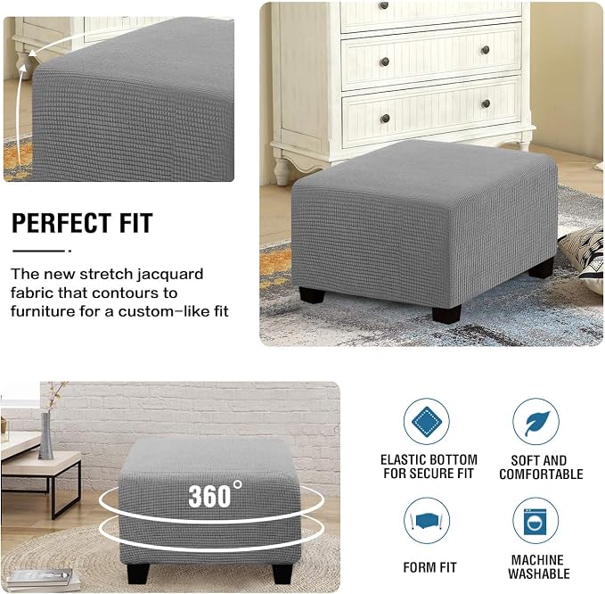 H.VERSAILTEX Square Ottoman Covers Ottoman Slipcovers Folding Storage Stool Furniture Protector Form Fit with Elastic Bottom, Stretch High Spandex Small Checks Jacquard Fabric(Medium,Dove)