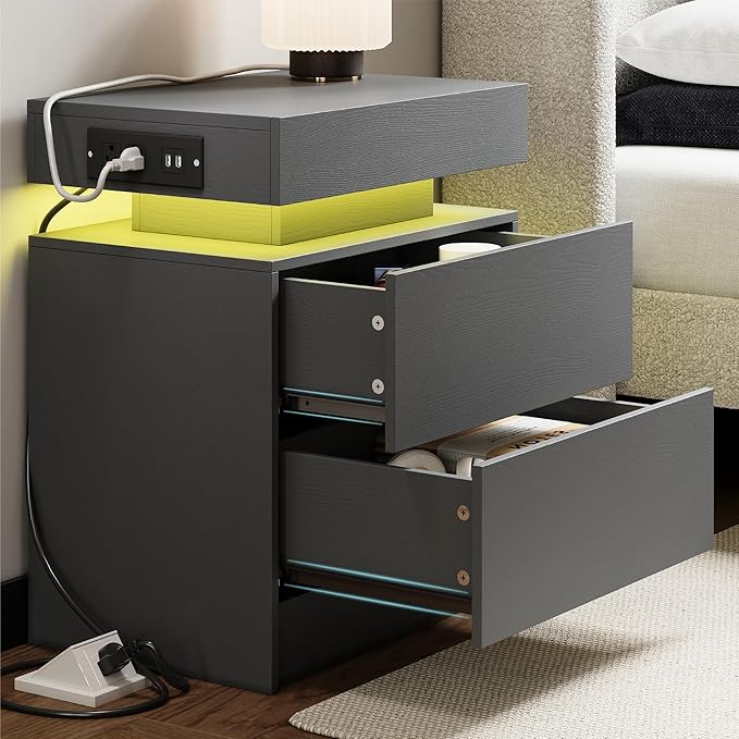 LIKIMIO Night Stand with Charging Station, Modern Grey Nightstand with LED Light and Drawers, Bedside Tables/End Table for Bedroom