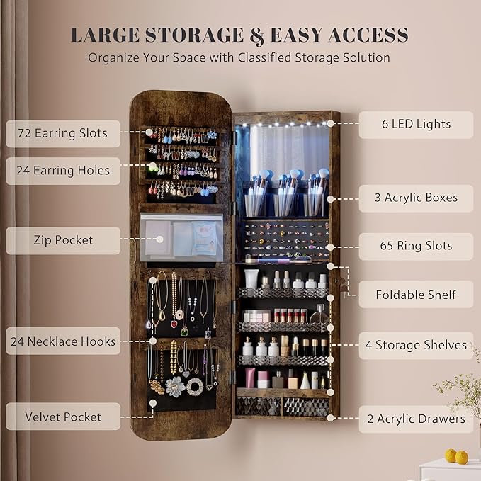 Vlsrka 6 LEDs Mirror Jewelry Cabinet Door Hanging, 47.2" Wall Mounted Jewelry Cabinet, Lockable Full Length Mirror with Storage, Rounded Corner Mirror Jewelry Organizer, 2 Drawers, Rustic Brown