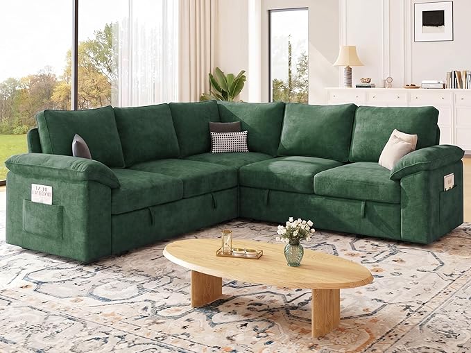 85 Inch Modular Sectional Sofa with Pull Out Bed, L Shaped 5 Seat Sectional Sleeper Sofa with Storage, Sectional Couches for Living Room, Cloud Modular Couch,Removable Sofa Cover,Green