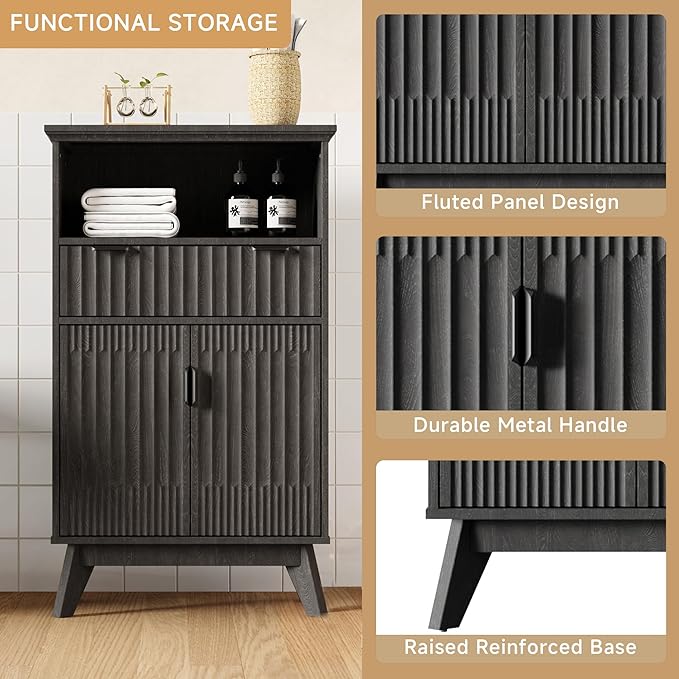 Fatmok Buffet Cabinet with Storage, 40" Modern Fluted Coffee Bar Cabinet with Drawer & Open Shelf, Wood Buffet Sideboard Console Table for Entryway, Kitchen, Living Room (Black)