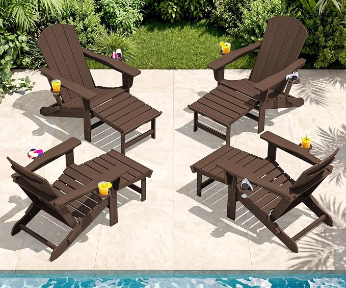 SERWALL Folding Adjustable Adirondack Chairs with Footrest Set of 4, HDPE Outdoor Chair with Dual Cup Holders, All Weather Adirondack Chair with Ottoman, Coffee