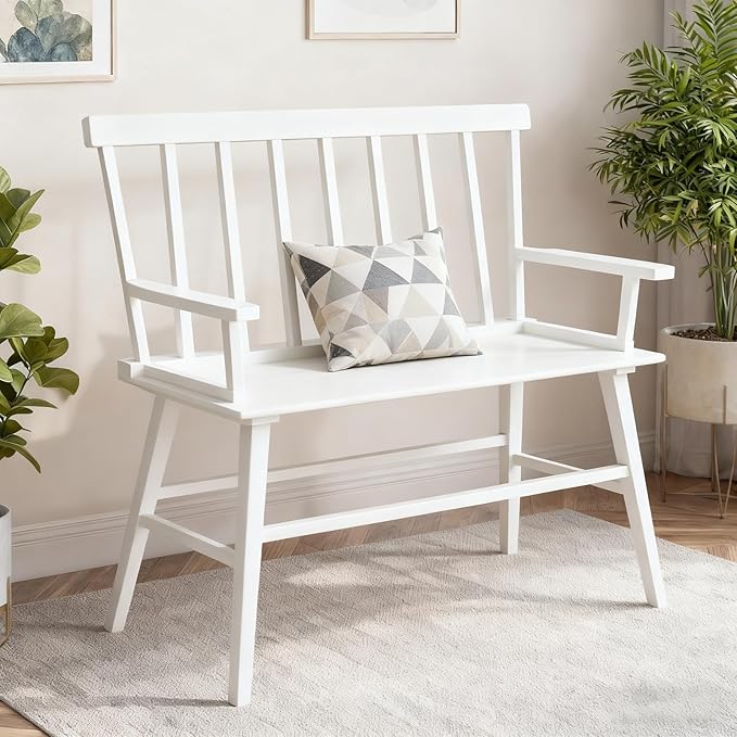 Dining Bench for Kitchen & Dining Room – Bamboo Wood Bench with Spindle Back & Armrests, Farmhouse Entryway Bench, Indoor Bedroom Bench, Versatile Entry Bench & Outdoor Bench Seating（White with Arm）