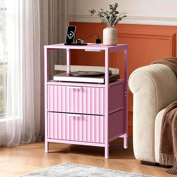 VINGLI Night Stand Set 2 with Fabric Drawers, Pink Nightstands with Charging Station, Fluted Nightstand Pink Bedside Table/Side Table for Bedroom, Night Stand Small with Charging Station for Kids Room