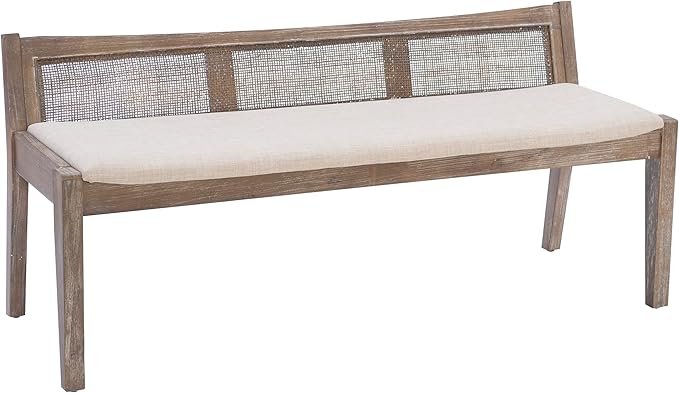 Kasi Brown Low Back Cane Bench with Beige Upholstered Seat by Powell