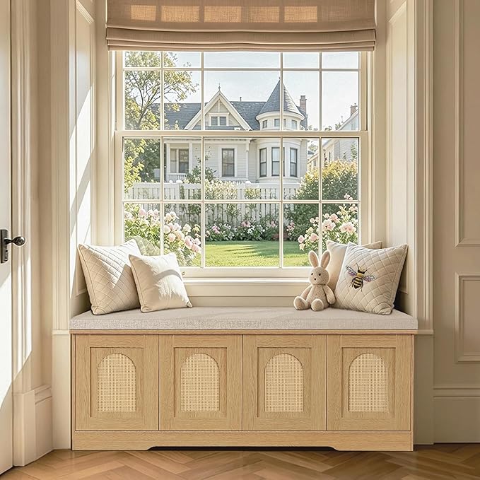 DINZI LVJ Shoe Bench, Entryway Storage Bench with Doors, Cushion, 2-Tier Shoe Rack with 8-Cubby, 47.2”L x 13.8”W Shoe Organizer Cabinet, Adjustable Shelf, Living Room, Bedroom, Natural with Rattan