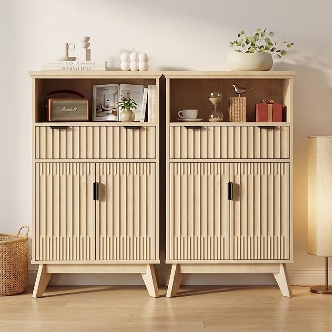 Fatmok Buffet Cabinet with Storage, 40" Modern Fluted Coffee Bar Cabinet with Drawer & Open Shelf, Wood Buffet Sideboard Console Table for Entryway, Kitchen, Living Room (Natural Wood)