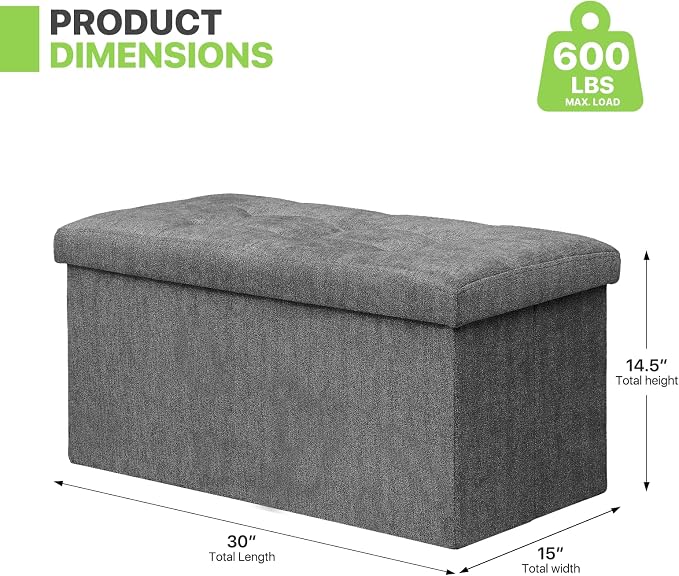 Magshion Folding Storage Ottoman Bench, 30 Inches Ottoman Foot Rest, End of Bed Bench, Storage Chest for Living Room, Entryway, Bedroom, 600 lbs Load Capacity, 15 x 30 x 15 Inches, Dark Gray