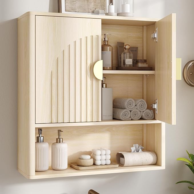 Lulive Bathroom Wall Cabinet with Adjustable Wood Shelf, Fluted Medicine Cabinet with 2 Doors, Over The Toilet Storage Cabinet for Laundry Room, Kitchen, Living Room, Natural