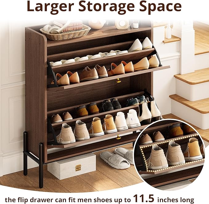 IRONCK Shoe Cabinet Storage with 2 Flip Drawers, Free Standing Wooden Shoe Storage Organizer Cabinet with Rattan Doors for Entryway, Narrow Shoe Rack Cabinet, Walnut