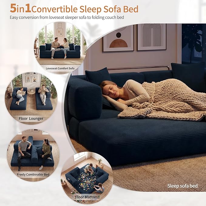78.8" Convertible Sofa Bed with Armrest Pillow, 4-in-1 Sleeper Couch Bed for Livingroom, Modular Corduroy Boneless couches, No Assembly (Blue)