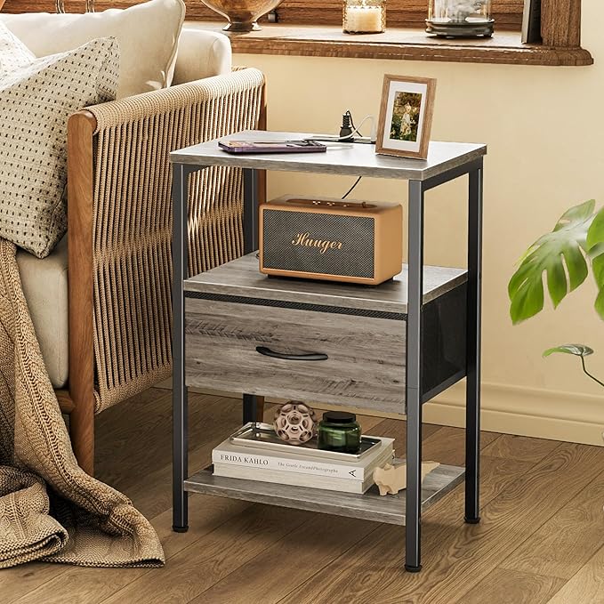 SUPERJARE Nightstand with Charging Station, Bed Side Table with Adjustable Fabric Drawer, Night Stand for Bedroom, 3-Tier Storage End Table, for Living Room, Oak