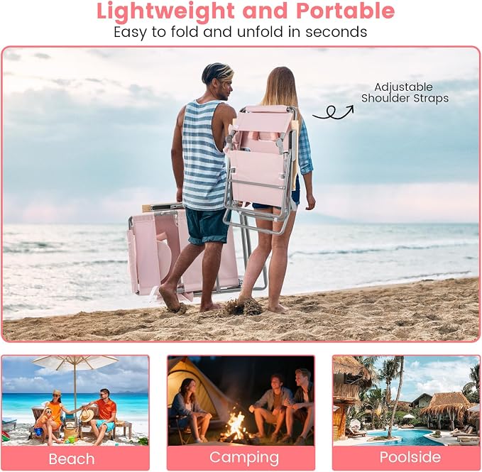 Goplus 3-in-1 Foldable Beach Chair, Lay-Flat Tanning Chair with Face and Arm Holes, Footrest, 330 lbs Heavy-Duty Portable Reclining Lounge Chairs for Outside, Camping, Patio, Poolside, Lawn (2,Pink)