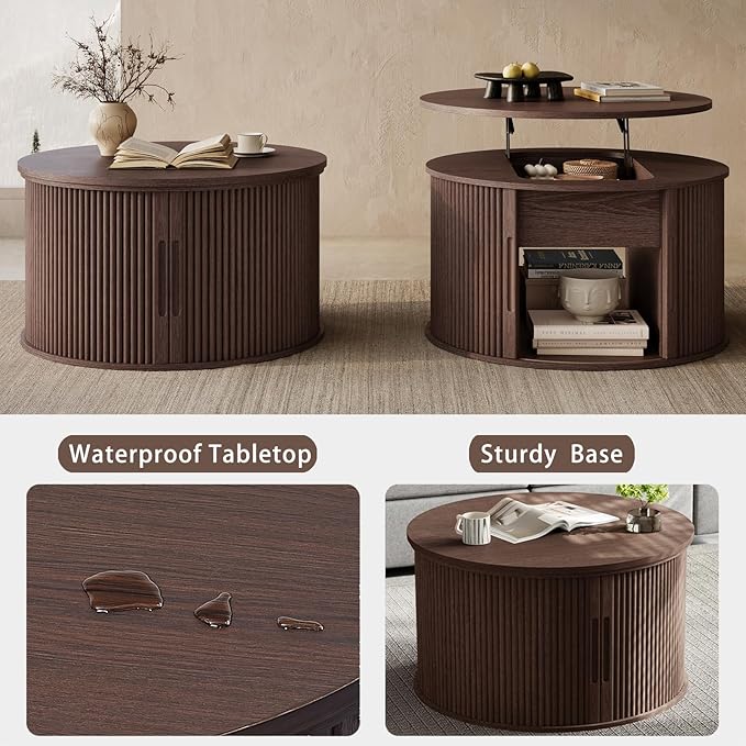 LINSY Lift Top Coffee Table, Round Fluted Coffee Table with Storage, Mid Century Modern Wooden Coffee Tables with Sliding Tambour Door, 31.5" Center Table for Living Room, Office, Small Space, Walnut