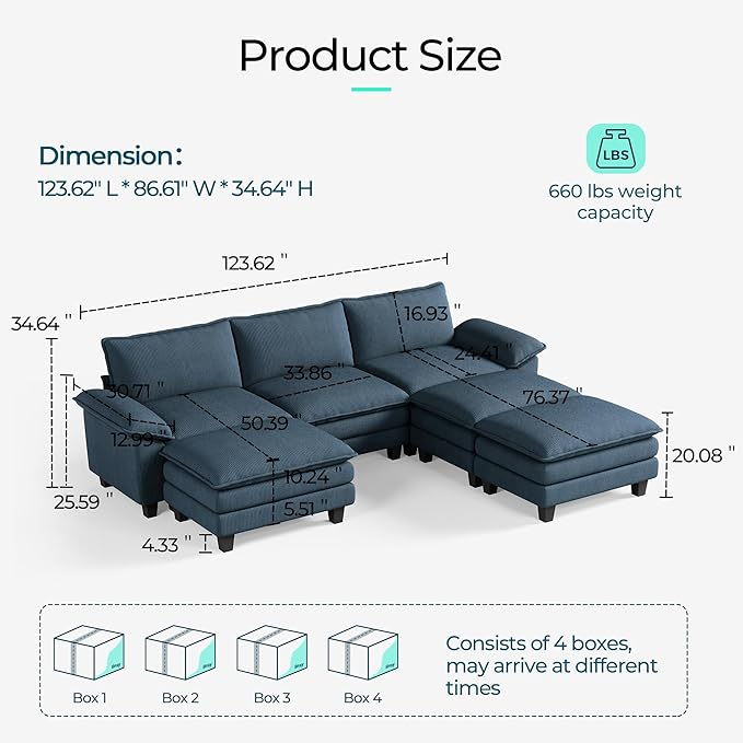 LINSY HOME 123" Modular Sectional Sofa, 3-Seat Corduroy Modern Cloud Couch with Deep Seat & 3 Movable Ottoman, Perfect for Living Room, Office, Bedroom, Blue