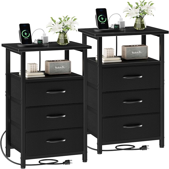 Vagusicc Nightstand Set of 2 with Charging Station, Bedside Table with USB Ports and Outlet, End Table Side Table with 3 Fabric Drawers and Storage Shelf, Bed Side Table Night Stand for Bedroom, Black