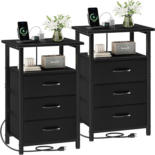 Vagusicc Nightstand Set of 2 with Charging Station, Bedside Table with USB Ports and Outlet, End Table Side Table with 3 Fabric Drawers and Storage Shelf, Bed Side Table Night Stand for Bedroom, Black