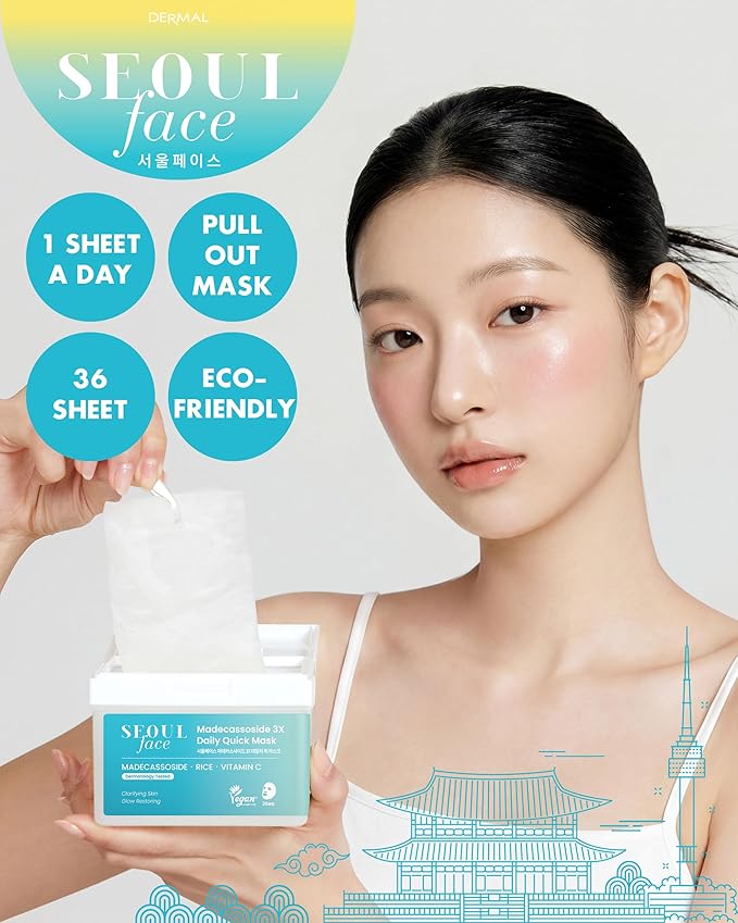 DERMAL Seoul Face Cica Madecassoside 5-Min Quick Sheet Mask 36 Count Bulk, Korean Centella Soothing Daily Pull-Out Dispenser with Tweezers, Rice Vitamin C Calming Face Mask for Redness Sensitive Skin
