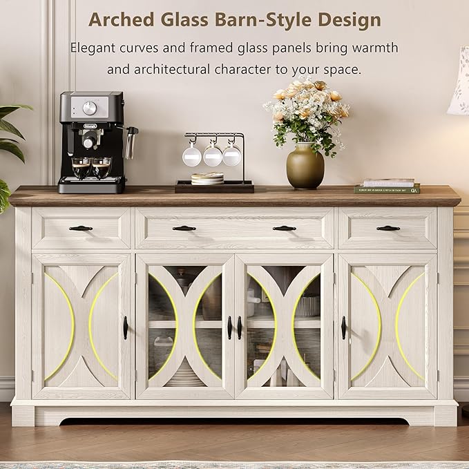 Einhomn 64" Farmhouse Sideboard Cabinet with 3 Drawers and 4 Doors, Buffet Cabinet with Adjustable Shelves and Curved Glass Doors, Large Storage Cabinet for Dining Room, Living Room, Kitchen,White