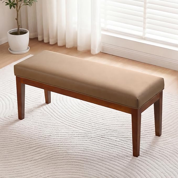 43.5" Upholstered Bedroom Bench, Faux Leather Entryway Bench with Solid Wood Legs, End of Bed Bench with Cushion, Dining Bench for Living Room, Bedroom, Hallway, Brown