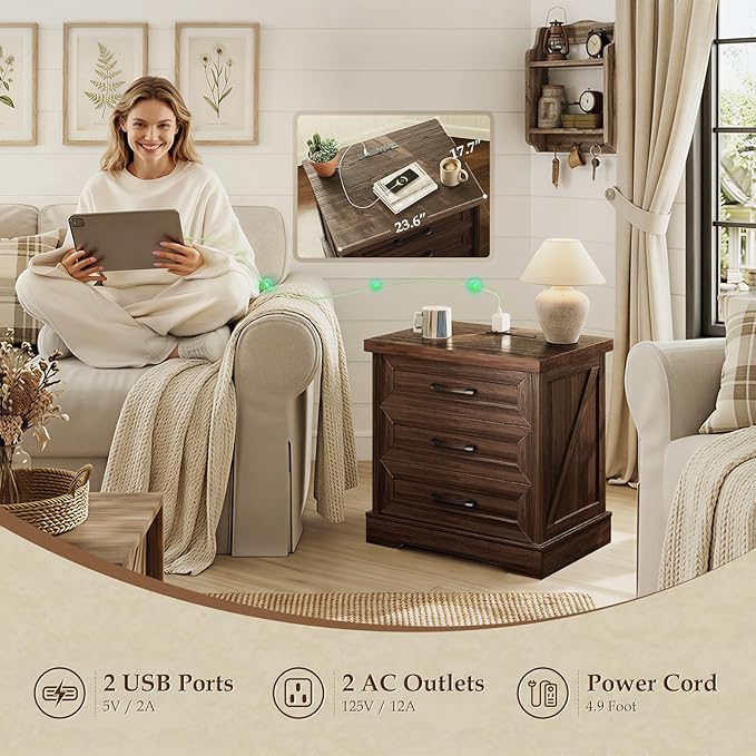 AODK 24 Inch Farmhouse Nightstands with Charging Station, Wide Bedside Tables with Three Drawers, Bed Side Table with Storage, End Tables with Outlet and USB for Bedroom, Living Room, Dark Walnut