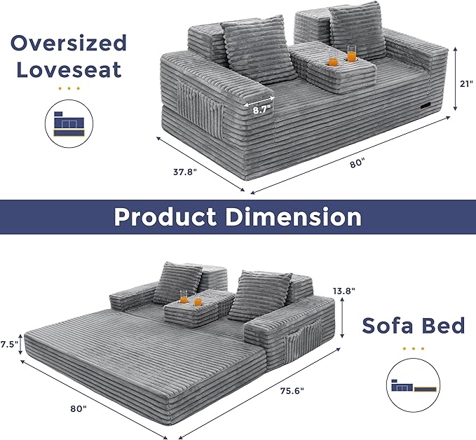 MAXYOYO Loveseat Sofa Bed, Striped Faux Fur Foldable Floor Sofa Couch in A Box, 4 in 1 Convertible Boneless Couch with 2 Cup Holders, Folding Recliner Sleeper Chair, No Assembly Required, Grey