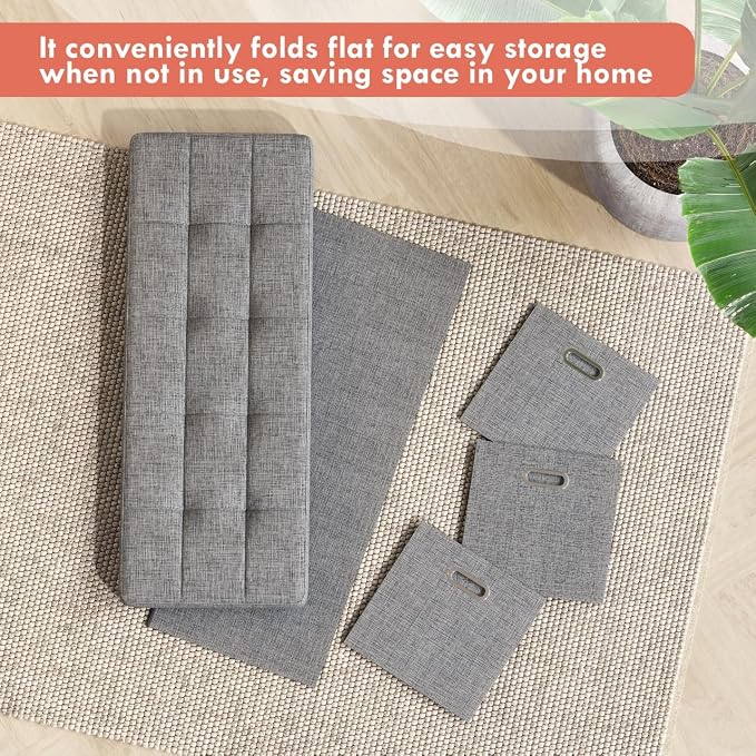 Ornavo Home Storage Ottoman with 3 Drawers, 40 Inches Long Foldable Tufted Linen Large Bench Ottoman with Storage, Foot Rest Stool Seat, for Living Room, Bedroom, Entryway, Gray